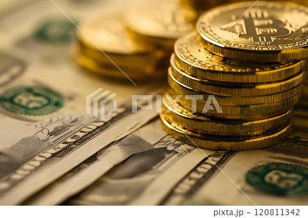 暗号通貨ビットコインと市場グラフのクローズアップ 120811342