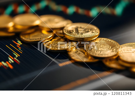 暗号通貨ビットコインと市場グラフのクローズアップ 120811343