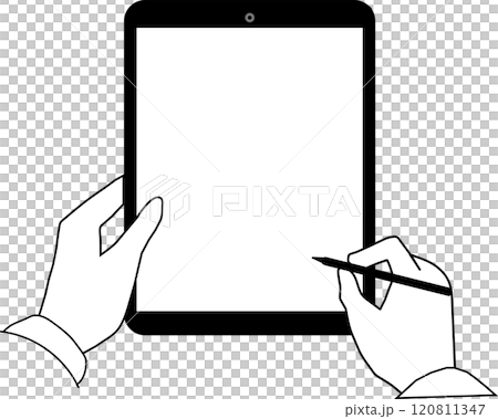 Hand-drawn illustration of taking notes on a tablet device Hand-drawn illustration of taking notes on a tablet device 120811347