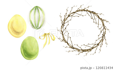 Easter colorful eggs green, yellow and striped, yellow pastel bow and floral realistic branch wreath watercolor set. Spring time collection for festive decor, interior, poster, invitation, card design 120811434