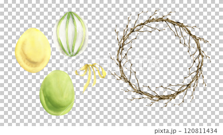 Easter colorful eggs green, yellow and striped, yellow pastel bow and floral realistic branch wreath watercolor set. Spring time collection for festive decor, interior, poster, invitation, card design 120811434