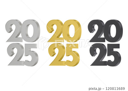 3D vector numbers 2025 in a silver color. Design object for New Year greeting cards, advertising banners. Metal numbers are bold and sleek, and with sharp edges. 3D element isolated on white 120811689
