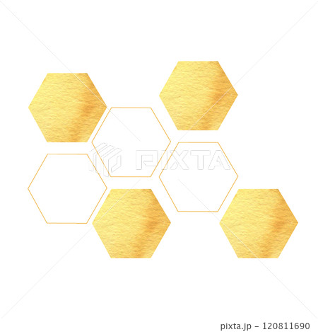 Honeycomb hexagons yellow textured and graphics elements in watercolor template. Abstract geometric background for poster, menu, restaurant, cosmetics packing design. Golden sweet food clipart 120811690