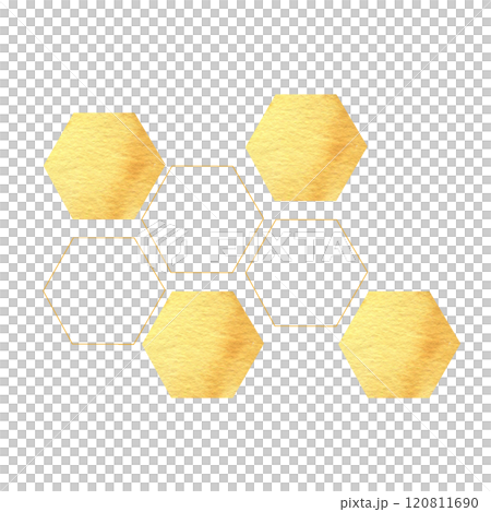 Honeycomb hexagons yellow textured and graphics elements in watercolor template. Abstract geometric background for poster, menu, restaurant, cosmetics packing design. Golden sweet food clipart 120811690