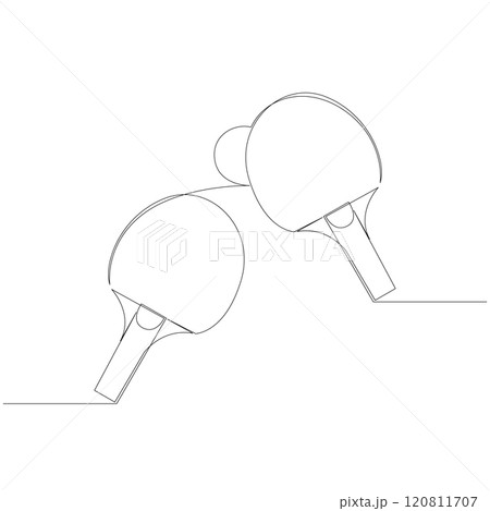 Two ping-pong rackets and a ball one line drawing. Table tennis sport game drawn with single continuous line. Vector illustration, editable stroke. 120811707