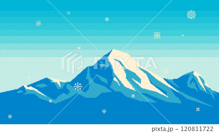 Pixel art snowy mountains with falling snowflakes. Landscape for game or application. Seamless background when docking horizontally. Vector illustration. 120811722