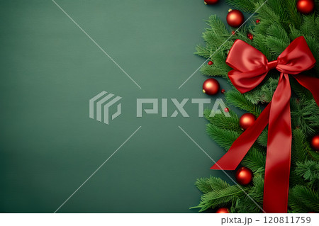 Christmas composition. Christmas fir tree branches on green background. Flat lay, top view. Copy space.  Generative AI Christmas composition. Christmas fir tree branches on green background. Flat lay, top view. Copy space.  Generative AI 120811759