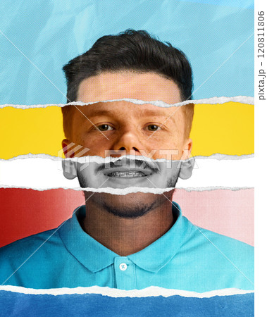 Modern torn paper collage made of different men face pats, creating abstract multiracial portrait of man against colorful background. 120811806