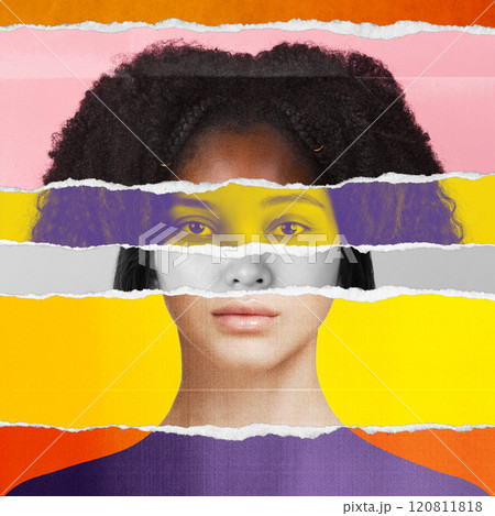 Layered torn paper collage made of different women face parts, creating portrait of woman. Multiethnic beauty standards 120811818