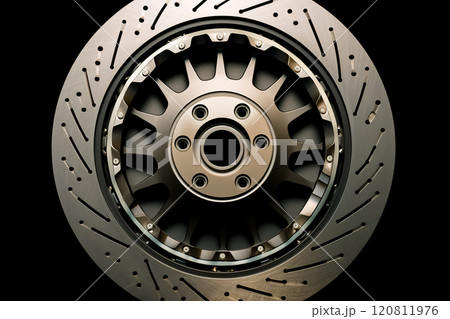 Car brake disc on black background. Close-up. Generative AI. 120811976