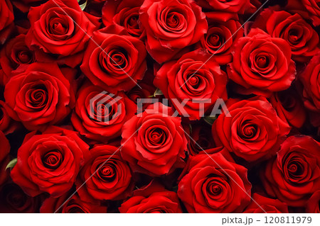 Natural red roses background. Top view. Generative AI. Natural red roses background. Top view. Generative AI. 120811979