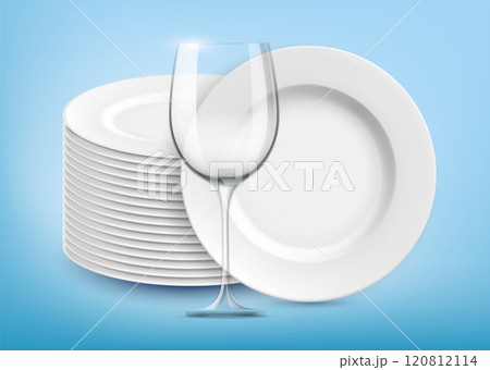 Clean white washed plates next to a glass. 120812114