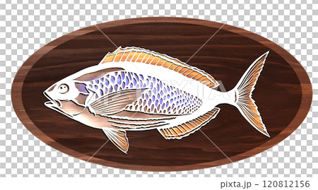 Wood painting cut-out illustration of Gurukun, a fish eaten in Okinawa 120812156