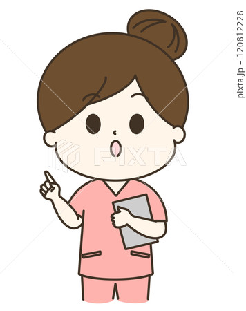 指差しして説明しているスクラブの女性のゆるかわイラスト 指差しして説明しているスクラブの女性のゆるかわイラスト 120812228