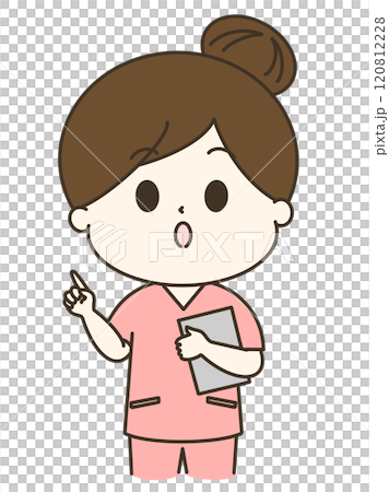 指差しして説明しているスクラブの女性のゆるかわイラスト 指差しして説明しているスクラブの女性のゆるかわイラスト 120812228