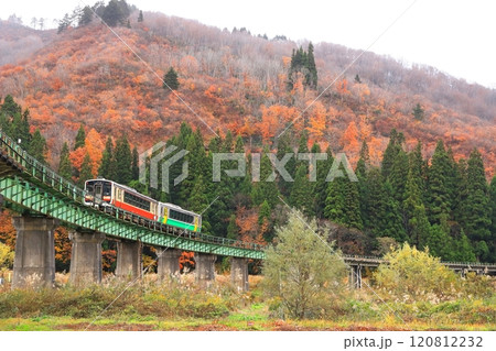 只見線「叶津川橋梁を走る列車」紅葉した山を背景に 120812232