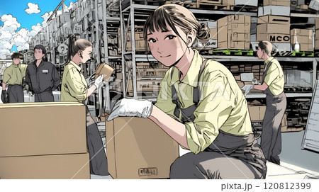 倉庫で配送作業をしている人たち