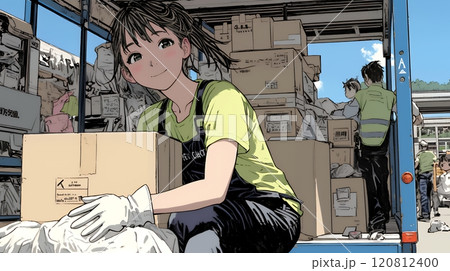 倉庫で配送作業をしている人たち