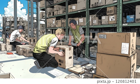 倉庫で配送作業をしている人たち