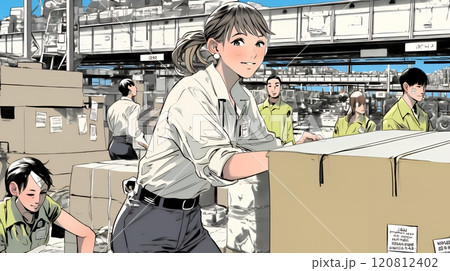 倉庫で配送作業をしている人たち