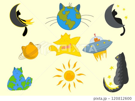 abstract drawing of cats in space style, cats in the form of planets, astronauts abstract drawing of cats in space style, cats in the form of planets, astronauts 120812600