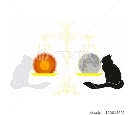 light dark cat at the scales with the earth and the sun, balance in the world blogging with a cat 120812601