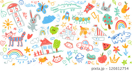 Hand drawn doodle sketch children. Set of baby scribbles. Repeating seamless pattern 120812754