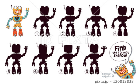 Find the correct shadow. Retro robot. Choose right silhouette Find the correct shadow. Retro robot. Choose right silhouette 120812838
