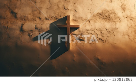 Cross-shaped shadow cast on a wall, concept of constant presence of faith. 120812865