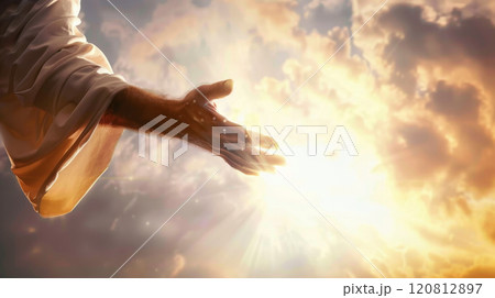 Jesus Christ giving his arm, hand gestures of Jesus dying on the cross and resurrected 120812897