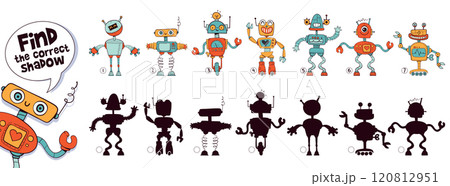 Find the correct shadow. Similar items. Funny cartoon characters robots. Choose right silhouette 120812951
