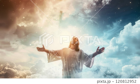 Heaven and cross love and faith and salvation concept of Jesus Christ reaching out with open arms in the sky 120812952