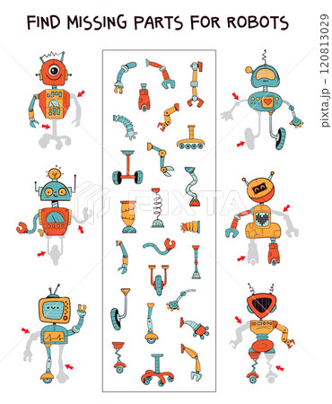 Find missing parts for the robots. Pick the right part. Educational game for kids 120813029