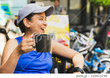 Happy woman drinking coffee in the morning. Happy woman drinking coffee in the morning. 120813296