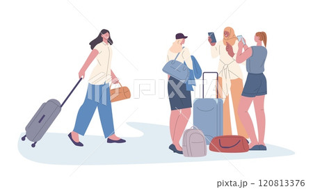 Friends go to travel. Female stand with luggage, suitcases bags and backpack and waiting friend. Girl looking info in smartphone, flat vector travellers 120813376