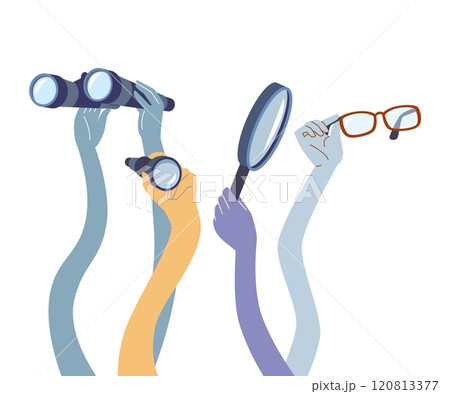 Elastic cartoon hands. Flexible hand looking around, hold eyeglasses, binocular, magnifying glass and telescope. Search discovery vector concept 120813377