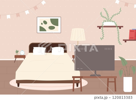 Cozy bedroom interior. Bed, shelves with plant and books, tv on table. Home design furniture and accessories. Cartoon room for sleep, vector illustration Cozy bedroom interior. Bed, shelves with plant and books, tv on table. Home design furniture and accessories. Cartoon room for sleep, vector illustration 120813383