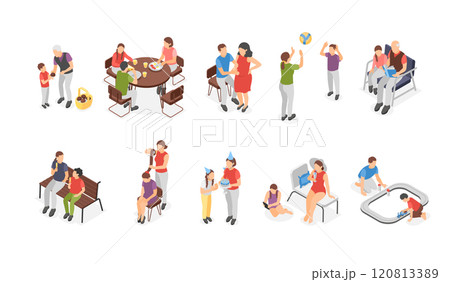 Isometric family. Parents with kids, children play with mother father or grandparents. People walking reading recreation together, flawless vector set Isometric family. Parents with kids, children play with mother father or grandparents. People walking reading recreation together, flawless vector set 120813389