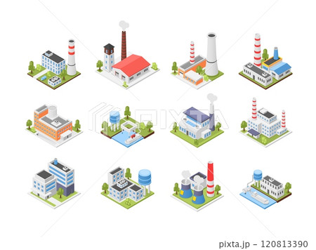 Isometric 3d factory. Industrial buildings, factories water purification station, warehouses. Urban building with pipes, different facilities flawless vector set 120813390