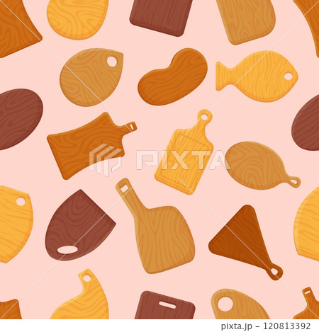 Cutting boards seamless pattern. Wooden kitchen equipment for cut food and serving. Restaurant cafe home fabric print template, neoteric vector background Cutting boards seamless pattern. Wooden kitchen equipment for cut food and serving. Restaurant cafe home fabric print template, neoteric vector background 120813392
