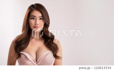 豊満な美しいバストを持つ若いモデル女性が下着を身に着けている 120813554