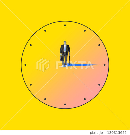Elderly man standing at center of large, vibrant clock face, symbolizing passage of time and its impact on daily life. Contemporary art collage. Elderly man standing at center of large, vibrant clock face, symbolizing passage of time and its impact on daily life. Contemporary art collage. 120813623