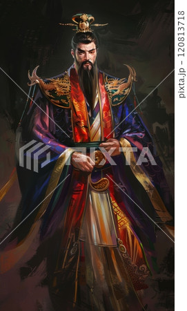 A majestic figure from history dressed in a lavish robe, set against a dramatic backdrop with beautiful lighting 120813718