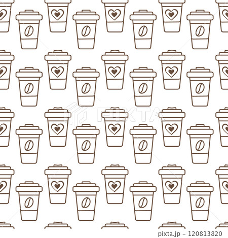 Outline disposable cups with heart or coffee bean on label Seamless pattern Coffee Drink background 120813820