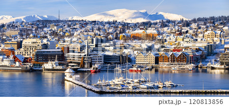 Tromso harbor with houses, fjord, cruise ships and downtown on sunny winter day Norway travel Tromso harbor with houses, fjord, cruise ships and downtown on sunny winter day Norway travel 120813856