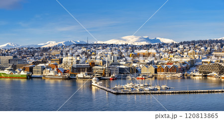 Tromso harbor with houses, fjord, cruise ships and downtown on sunny winter day Norway travel 120813865
