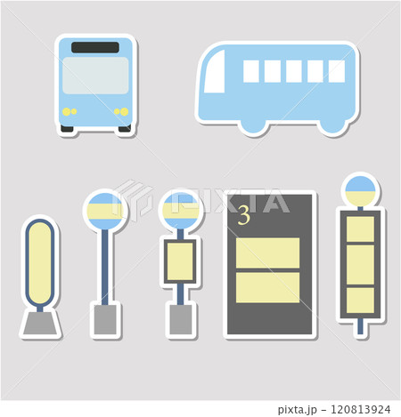 バスとバス停のステッカーアイコンセット 120813924