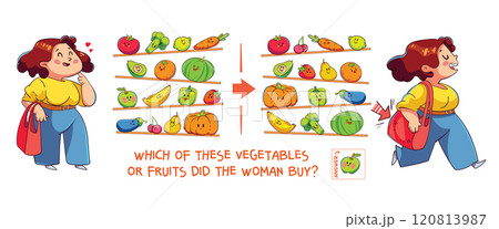 Find the differences puzzle game. Which of these vegetables or fruits did the woman buy 120813987