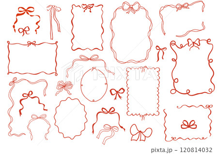 Red whimsical bow knots frames set in vector. Doodle hand drawn vintage bows and ribbons border collection. 120814032