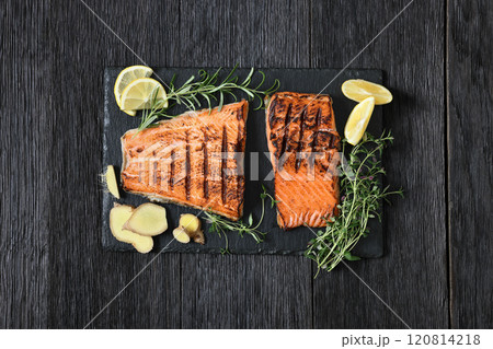 grilled salmon fish fillet with herbs, top view grilled salmon fish fillet with herbs, top view 120814218